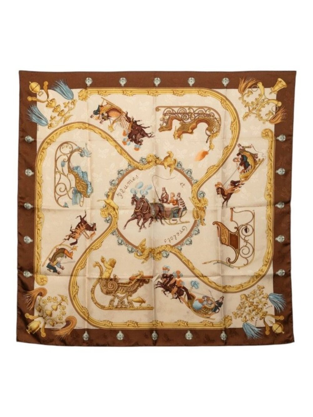 Hermes Carre 90 Plumes Et Grelots Feathers and Bells Scarf Brown Silk